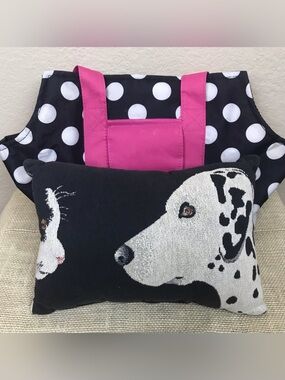 Polka Dot Tote Purse Bag Black White Pink w/ Dalmatian Cat Pillow Dog Lover Set